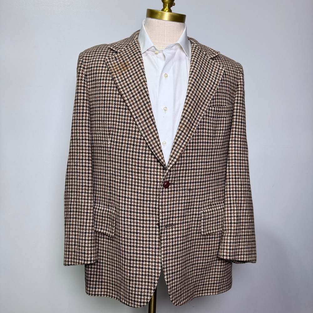1970s Macy's Mens Store Blazer‎ 44R Brown Houndstooth Vintage Wool Sport Coat